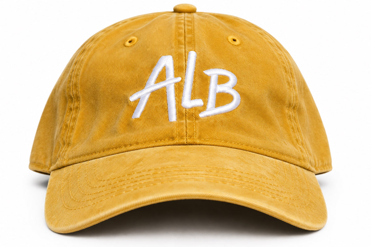 Washed mustard ALB dad hat with white front embroidery