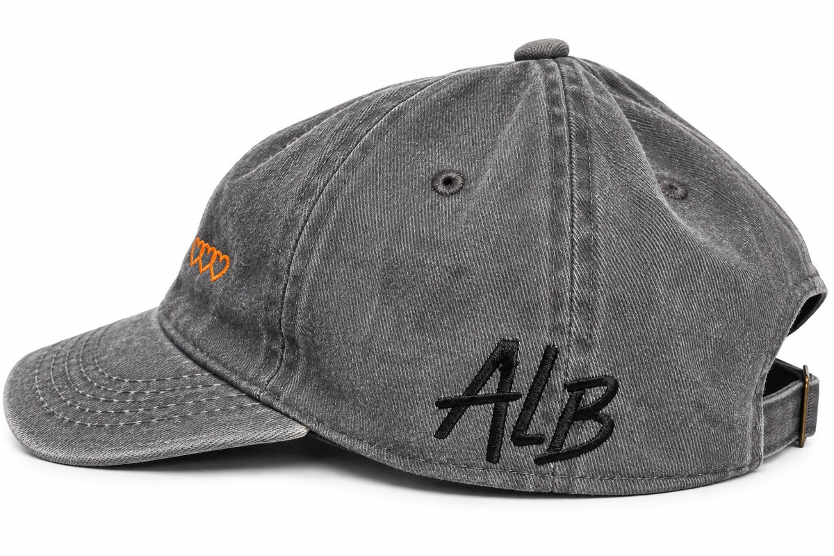 Washed grey dad hat with black ALB initials embroidered on side