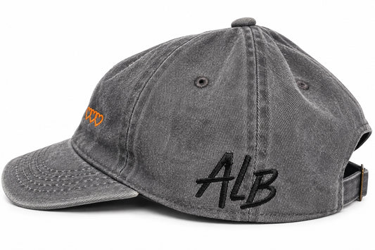 Washed grey dad hat with black ALB initials embroidered on side