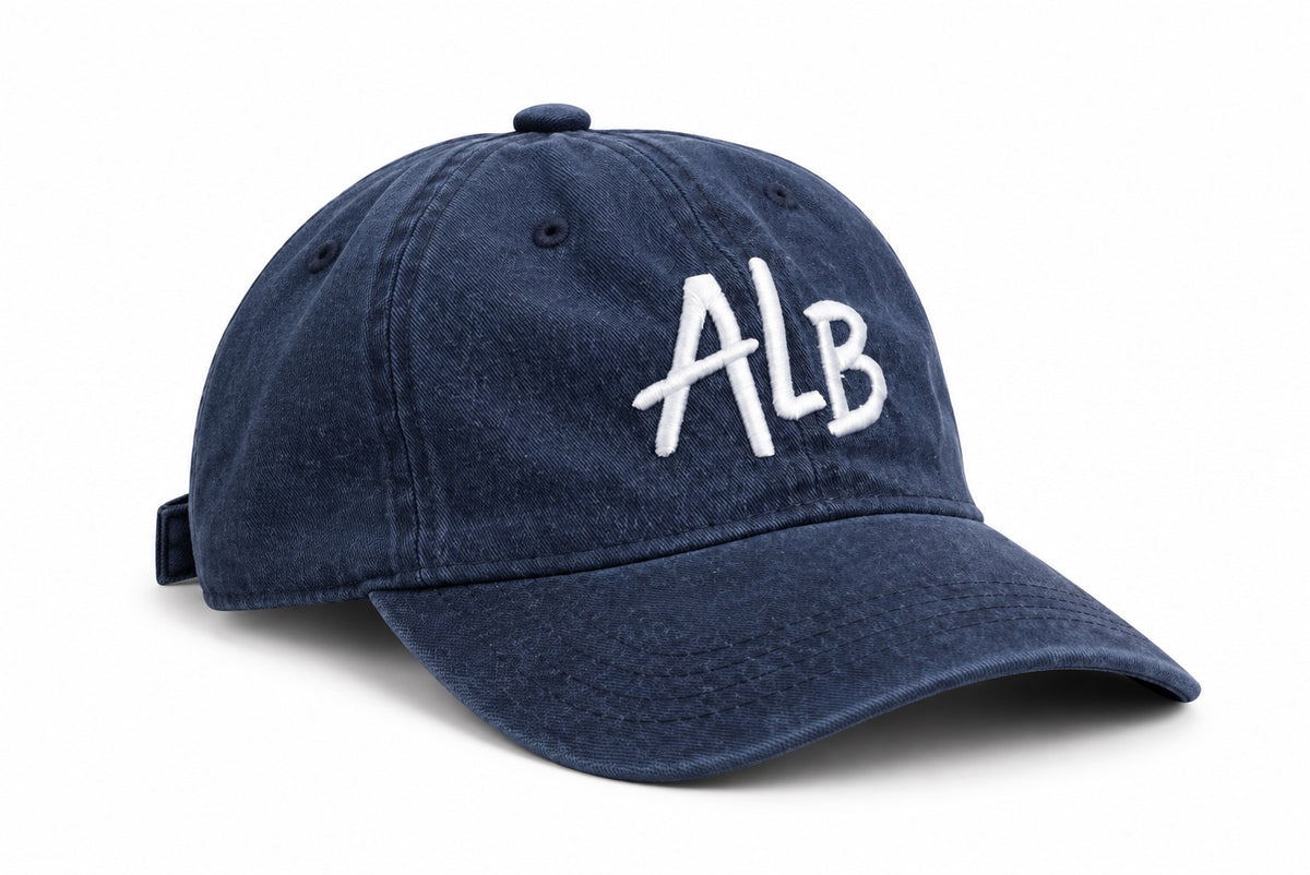 Washed navy ALB dad hat with white front embroidery